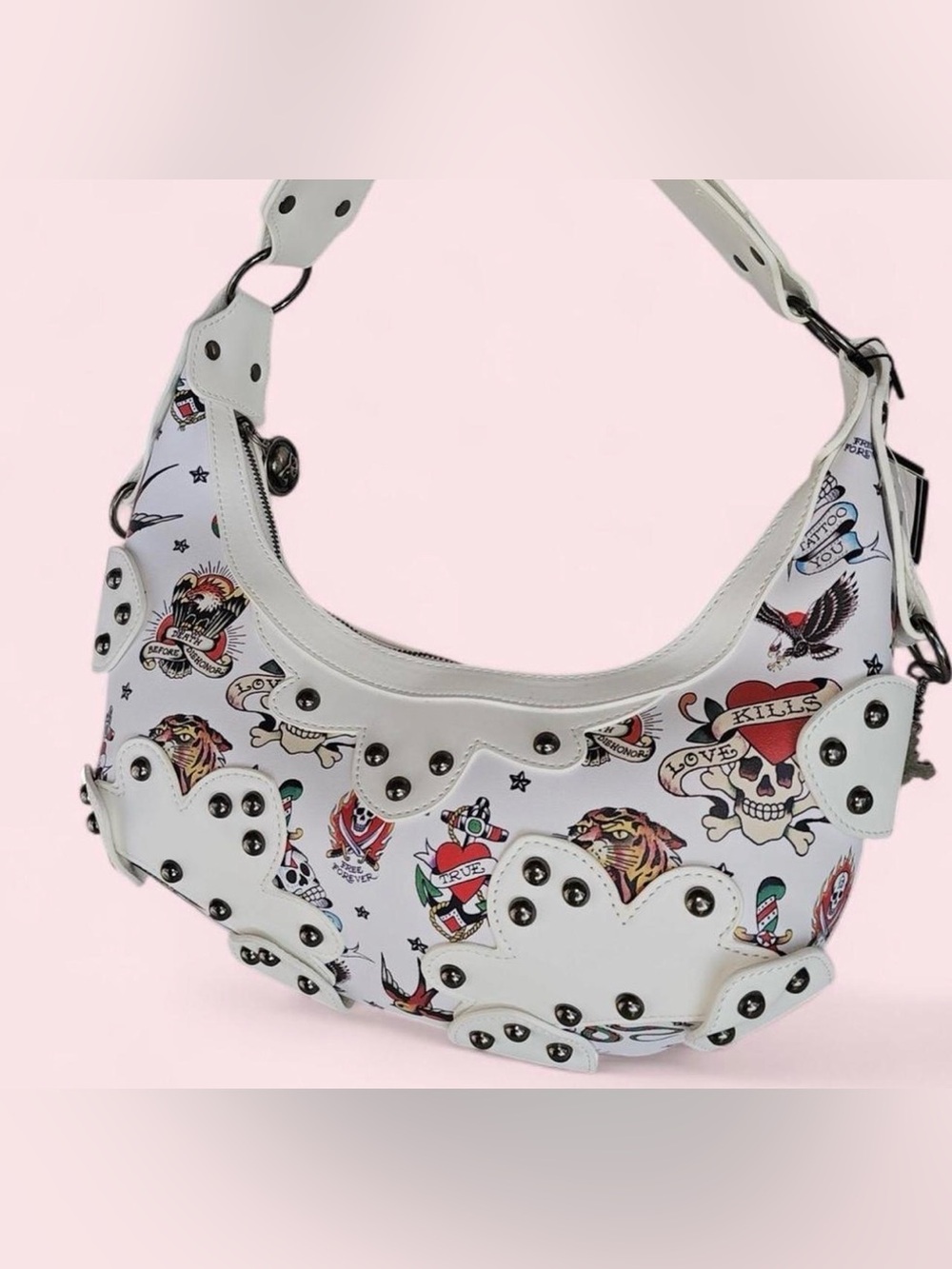 Ed Hardy White Tattoo-Print Studded Shoulder Bag